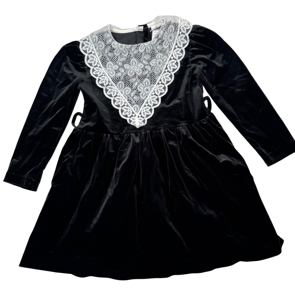 VTG Black Velvet Lace Bib Dress Girls 8 Wednesday Addams Gothic Victorian School